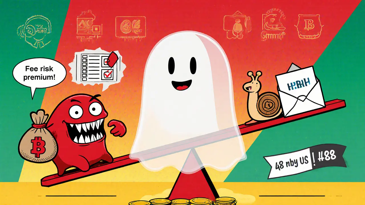 Cartoon red‑flag symbols: missing regulator badge, fee monster, slow email snail.