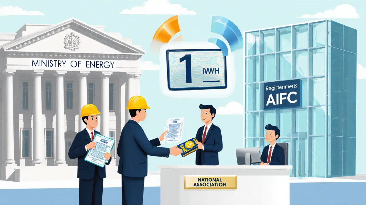 Cartoon scene of officials processing mining licenses, tax forms, and ASIC registration at a modern exchange.