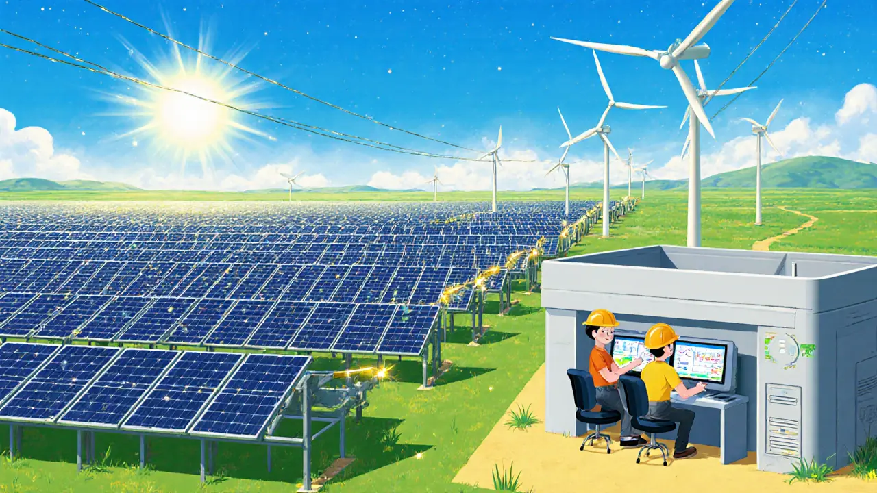 Cartoon solar farm powering a clean cryptocurrency mining site with happy miners and wind turbines.