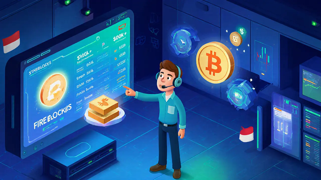 Cartoon trader using a glowing RFQ screen with Fireblocks vault and large crypto trade blocks.