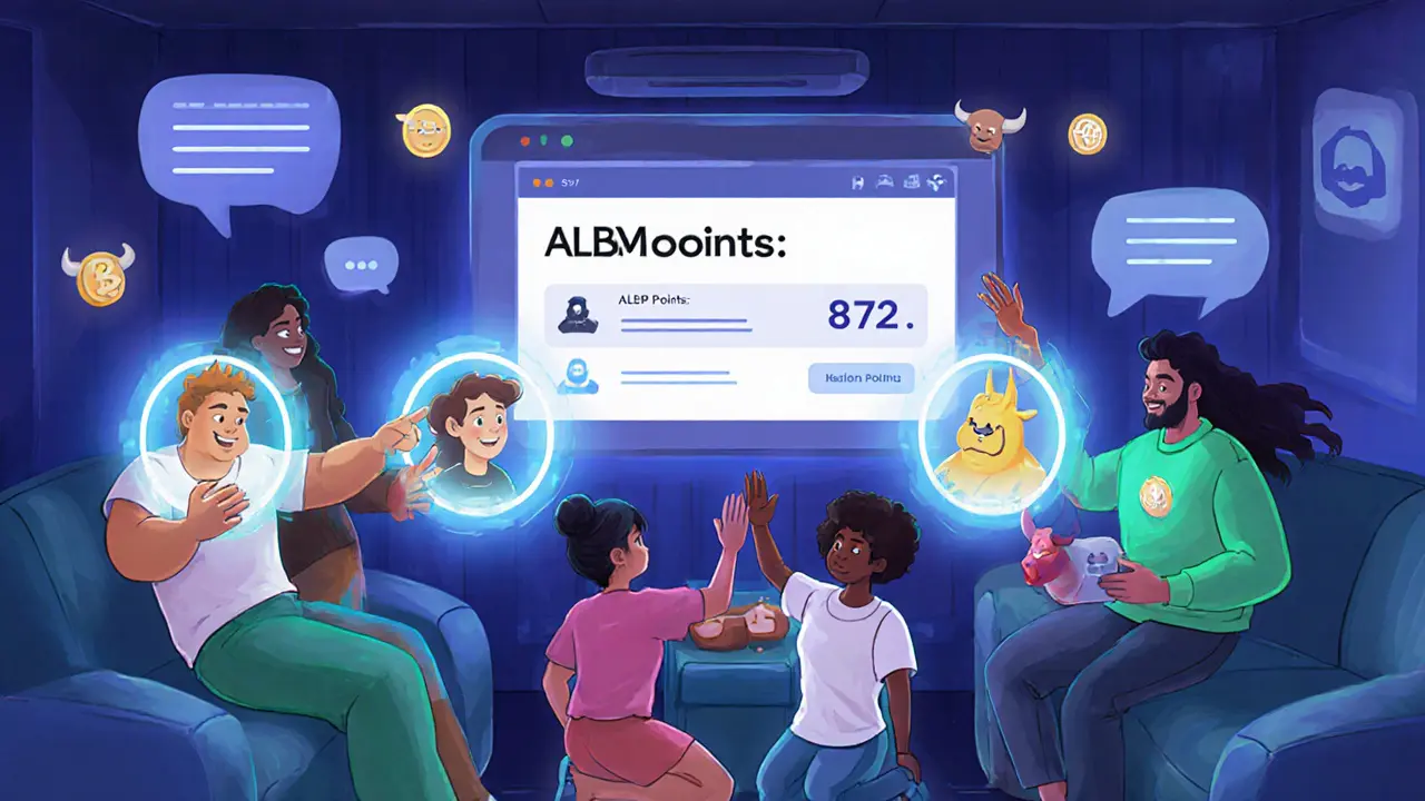 Community members in a virtual lounge with their Polqueen avatars hovering nearby, celebrating contributions with neon lights.