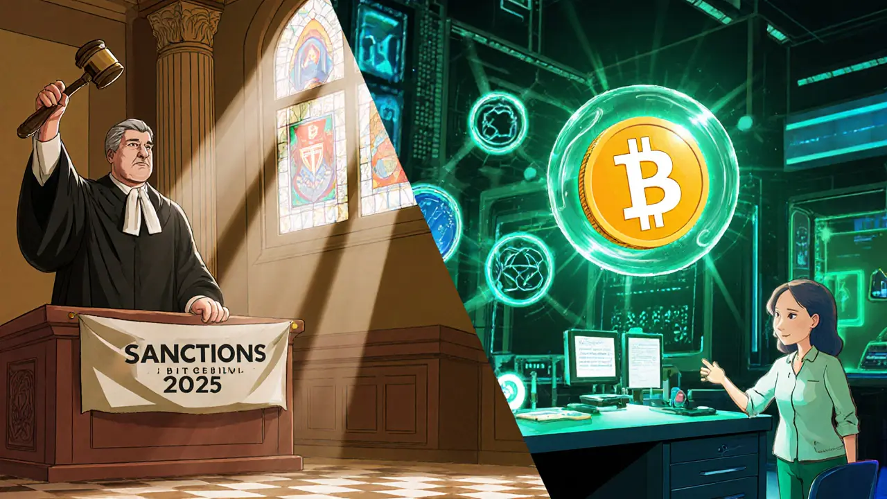 Courtroom lifting sanctions beside futuristic lab with multi‑chain bridges and ERC‑4337 token.