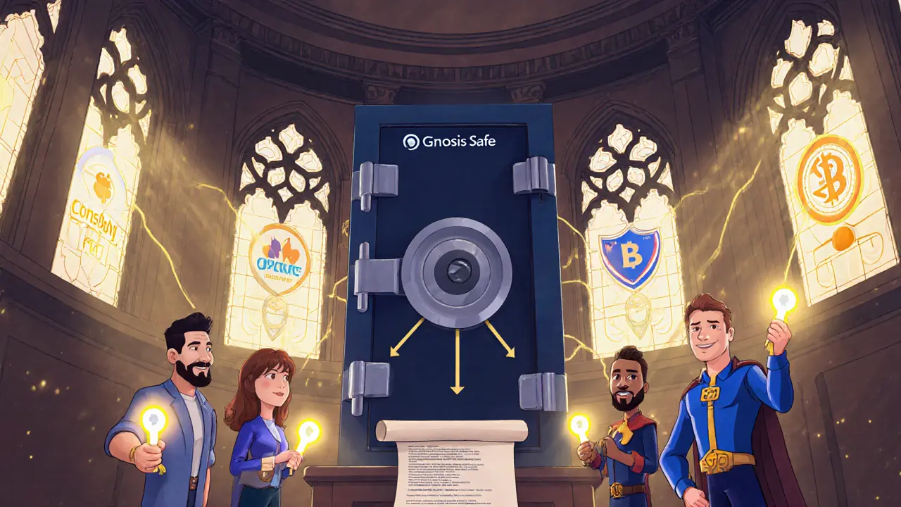 DreamWorks‑style council chamber with guardians holding keys next to a Gnosis Safe and audit shields.