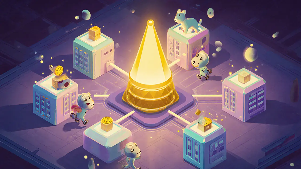 DreamWorks‑style scene of a central beacon hub linking multiple mini‑ledgers with validators and glowing cross‑shard arcs.