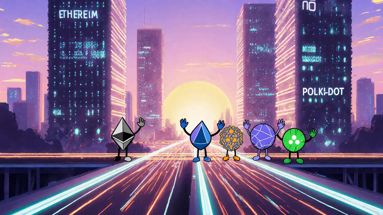 Futuristic cartoon city of blockchain towers with glowing shard lanes and friendly project mascots celebrating high throughput.