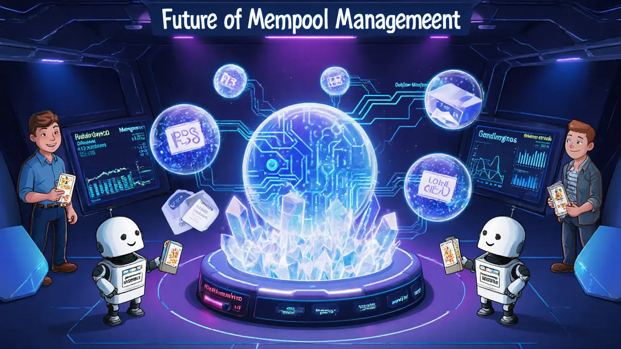Futuristic cartoon control room displays AI‑driven mempool tools and builder bots.