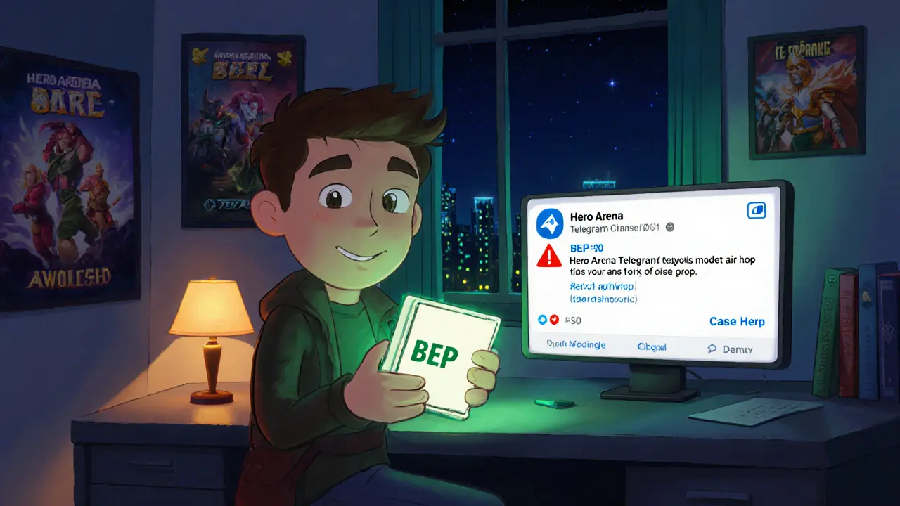 Gamer watches a Hero Arena Telegram alert for a new airdrop on a wallet device.