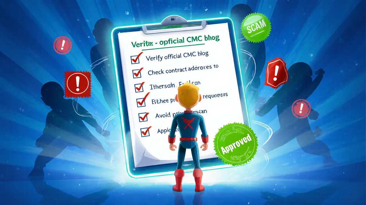 Hero character checking a safety checklist on a tablet while scam symbols fade away.