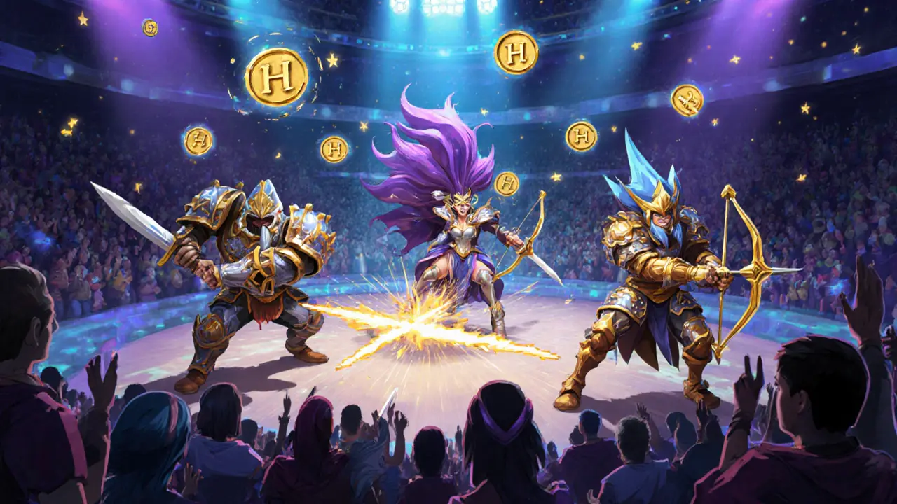 Heroes in NFT armor battle in a MOBA arena with floating HERA tokens.