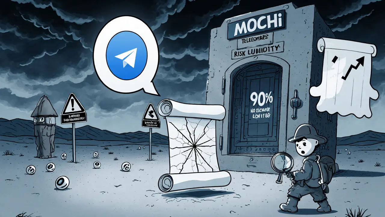 Humorous risk tableau with tiny Telegram chat, vault representing concentrated ownership, and warning signs in a desert.