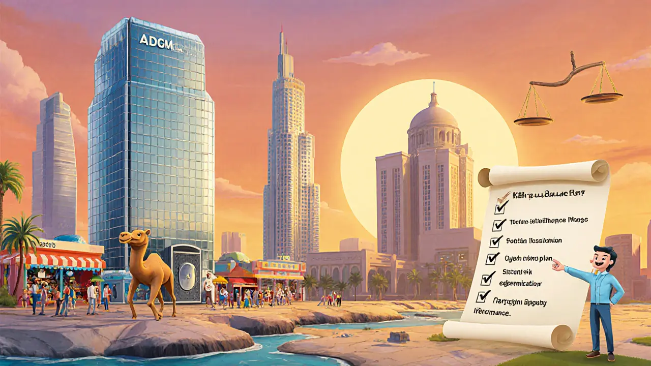 Illustrated map comparing ADGM, Dubai VARA, and UAE SCA with a floating checklist.