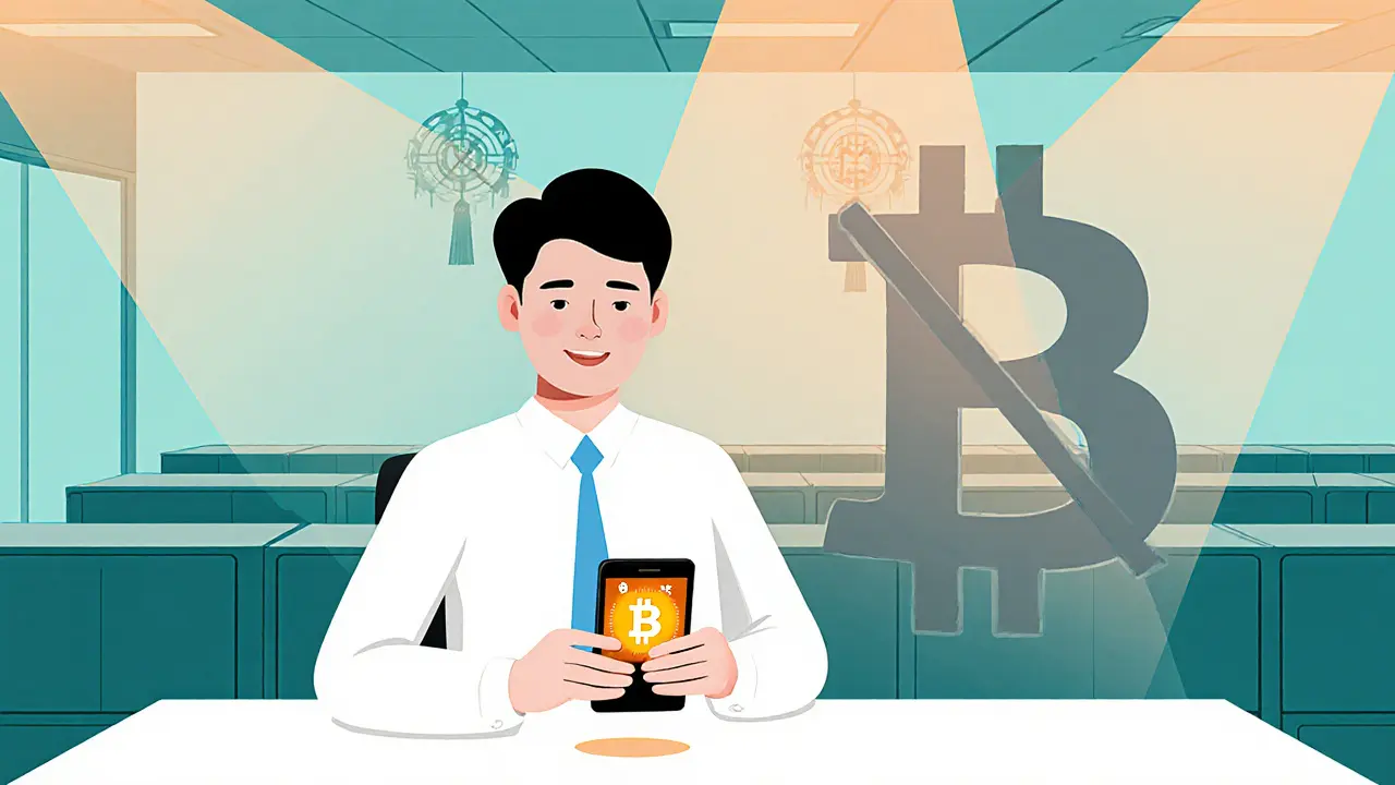 Person uses a mobile e-CNY app while a crossed-out Bitcoin symbol looms nearby.