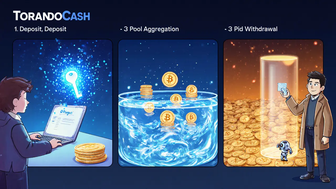 Three‑panel cartoon of deposit note, pooled ETH coins, and zero‑knowledge proof withdrawal.