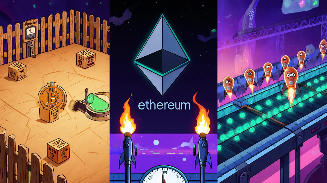 Three side‑by‑side cartoon panels show Bitcoin, Ethereum, and Solana mempools.
