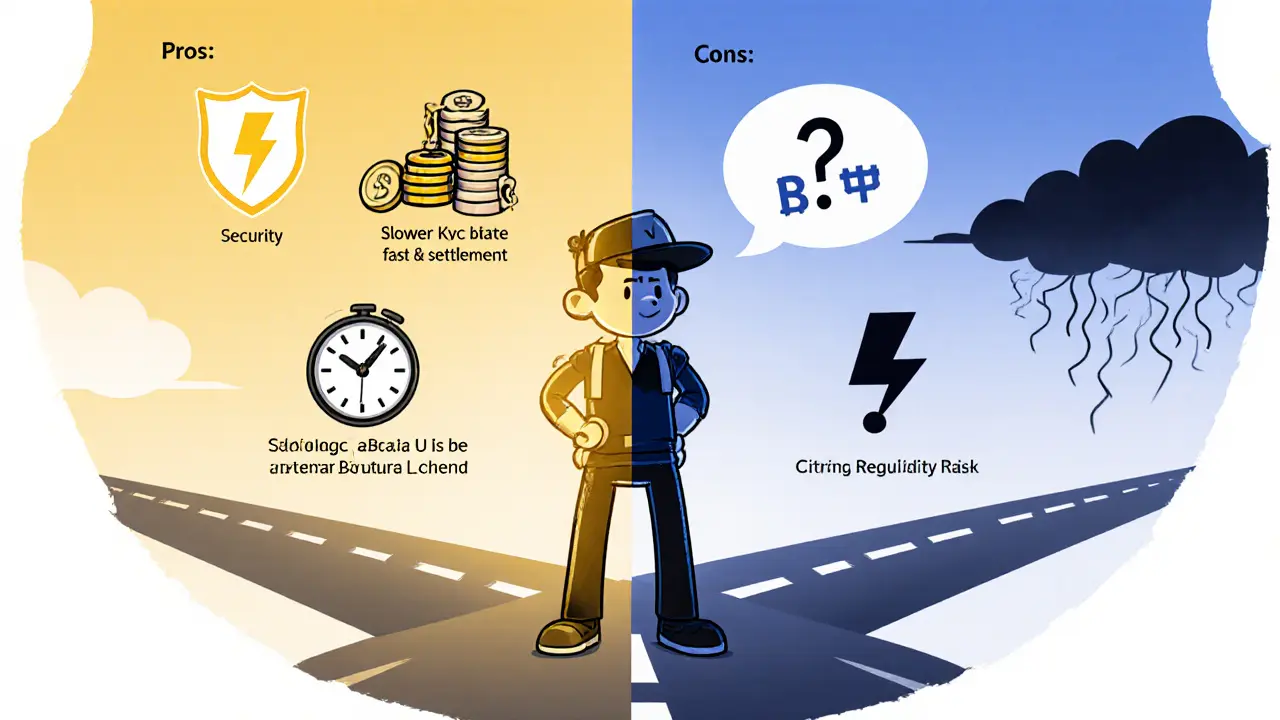 Trader at a crossroads with cartoon icons highlighting Bitwyre’s pros on one side and cons on the other.