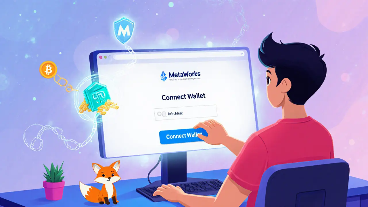 User at a desk connecting a wallet to the airdrop portal with a glowing screen.