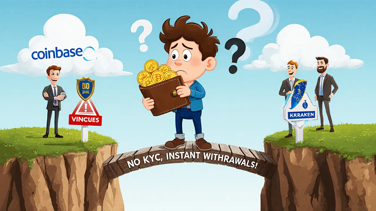 A beginner on a risky bridge to a scam cliff, while safe exchanges stand securely nearby.