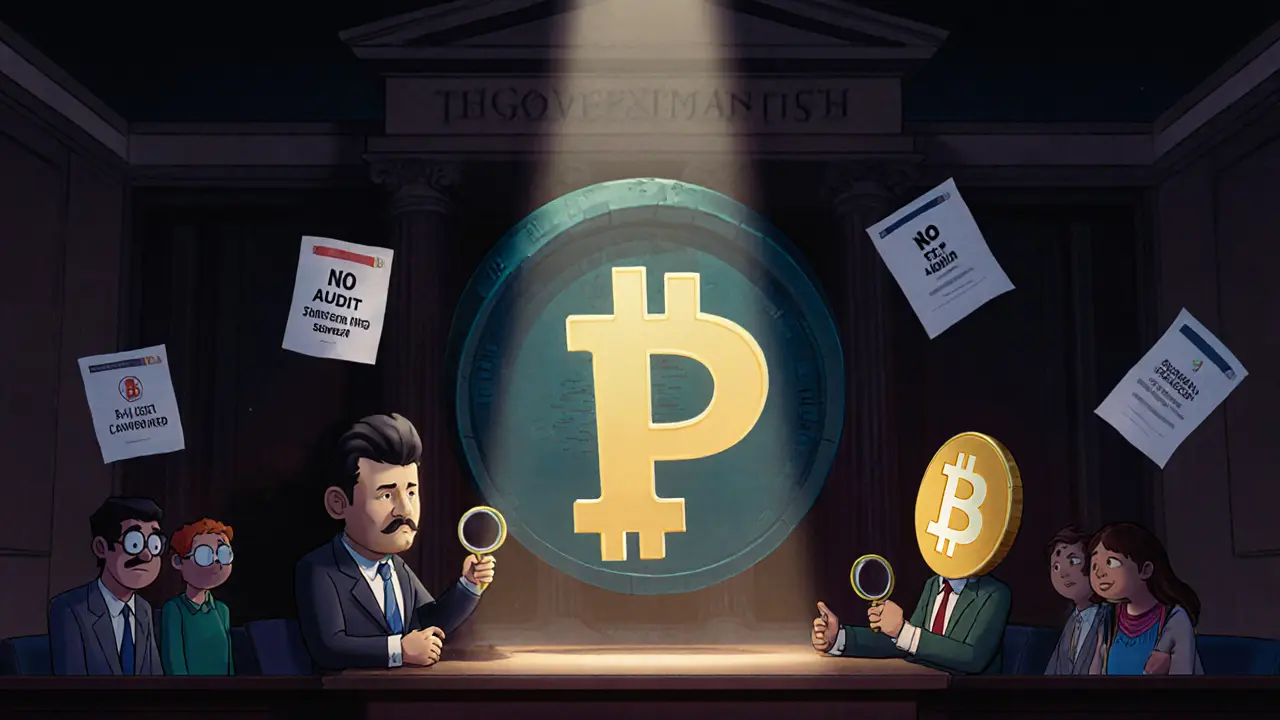 A cartoon courtroom where a Petro token is on trial, defended by a shadowy figure and prosecuted by Bitcoin and USDT.