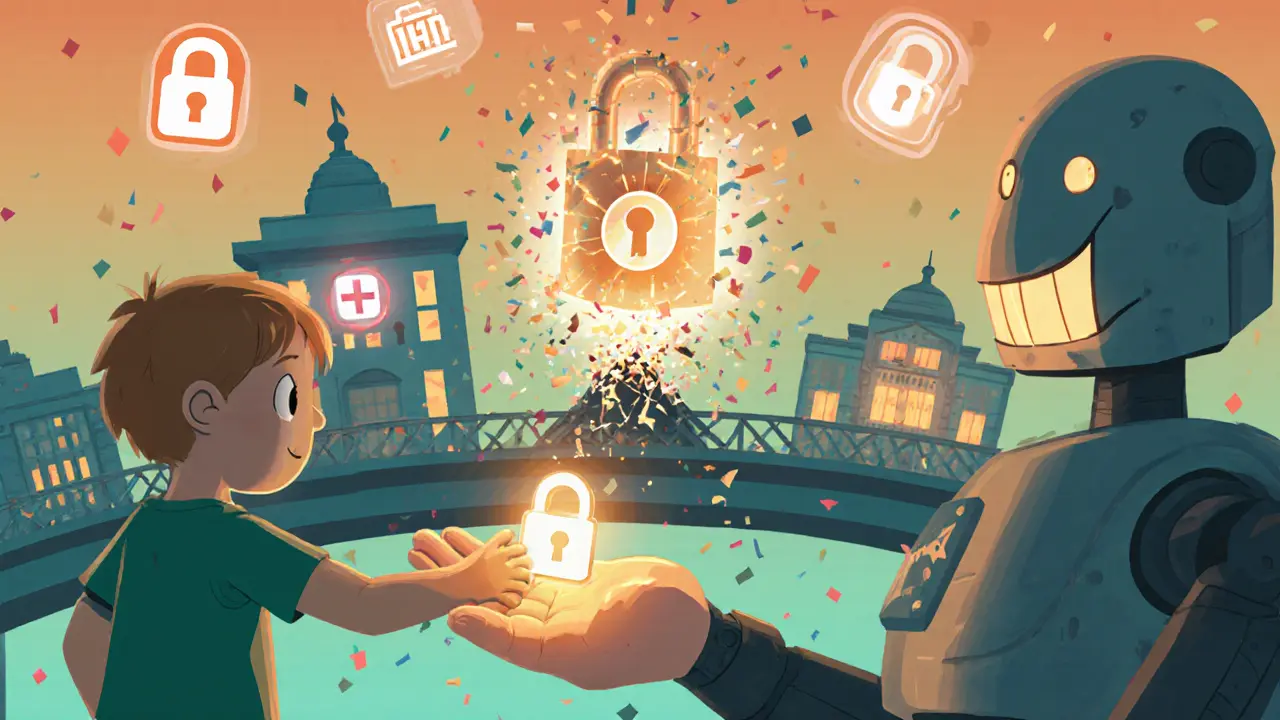 A child giving a DID key to a robot that connects healthcare, education, and government worlds.