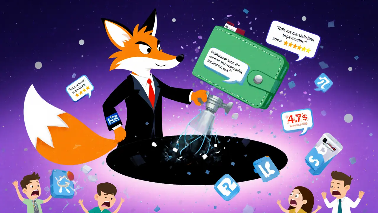 A fox pulling a rug pull lever as user wallets vanish into a black hole.