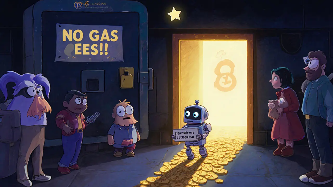 A friendly robot guiding players toward a glowing arcade door labeled 'Pirates 2048' with Polygon’s logo above.