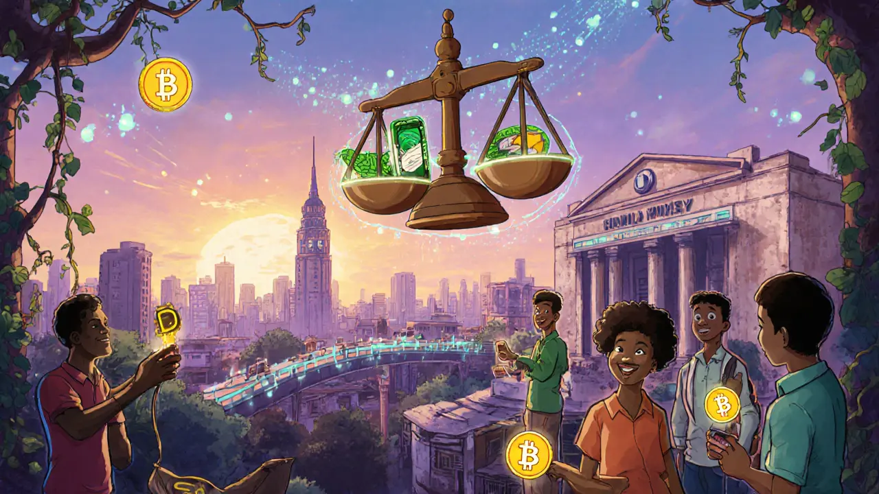 A futuristic Nigerian city where crypto networks replace traditional banking, with citizens thriving in the new economy.