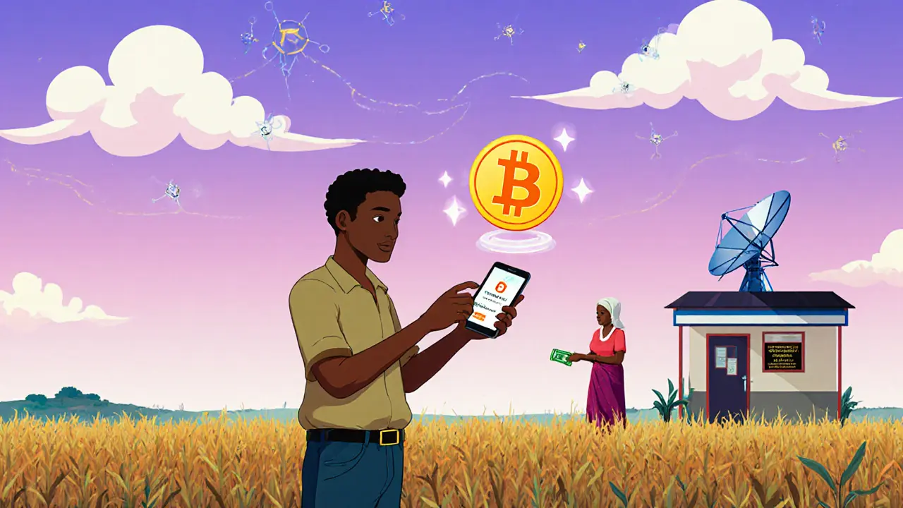 A Kenyan farmer receives crypto payments while standing in his field, with a digital Bitcoin icon glowing above his hand.