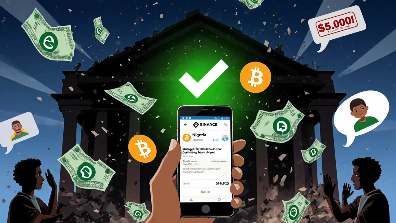 A student celebrates a crypto trade as WhatsApp groups cheer, while a crumbling bank fades in the background.