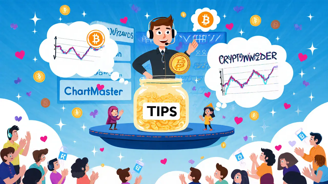 A trader receives digital tips in EBT tokens while animated viewers cheer, surrounded by floating coins and a leaderboard.