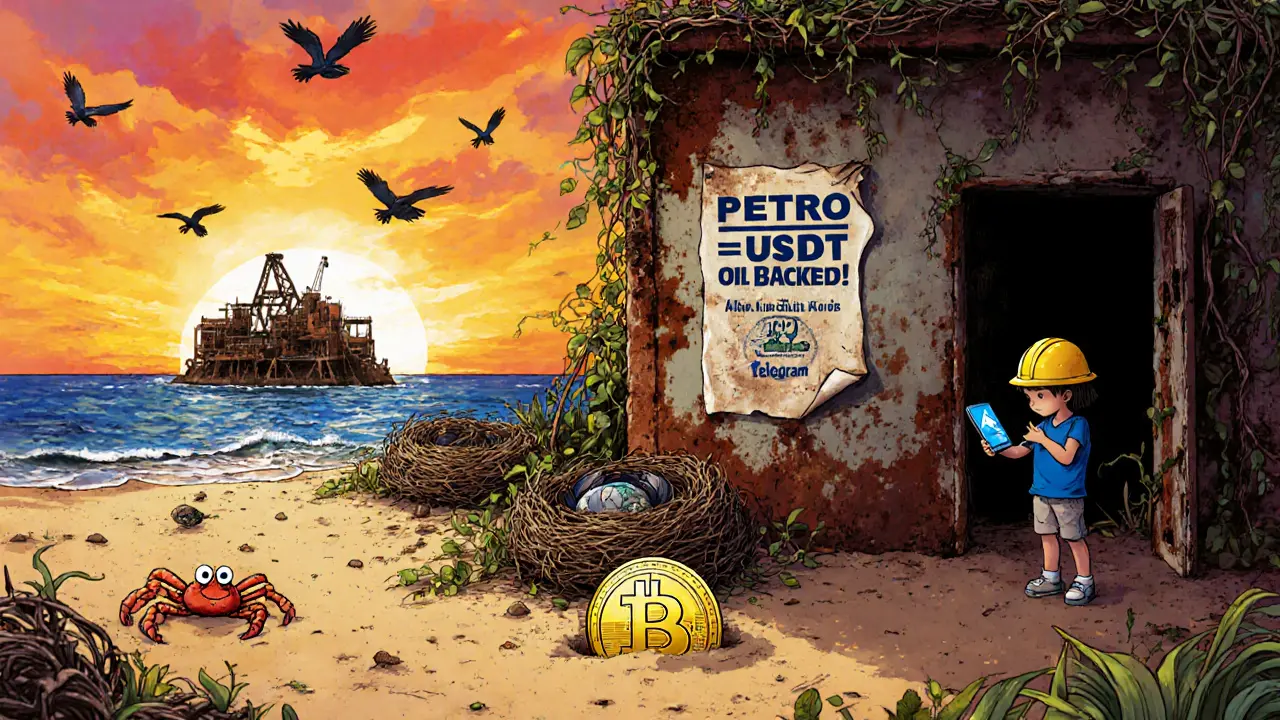 An abandoned mining rig on a coastal island with a buried Petro token, while a child sends USDT on a phone in the distance.