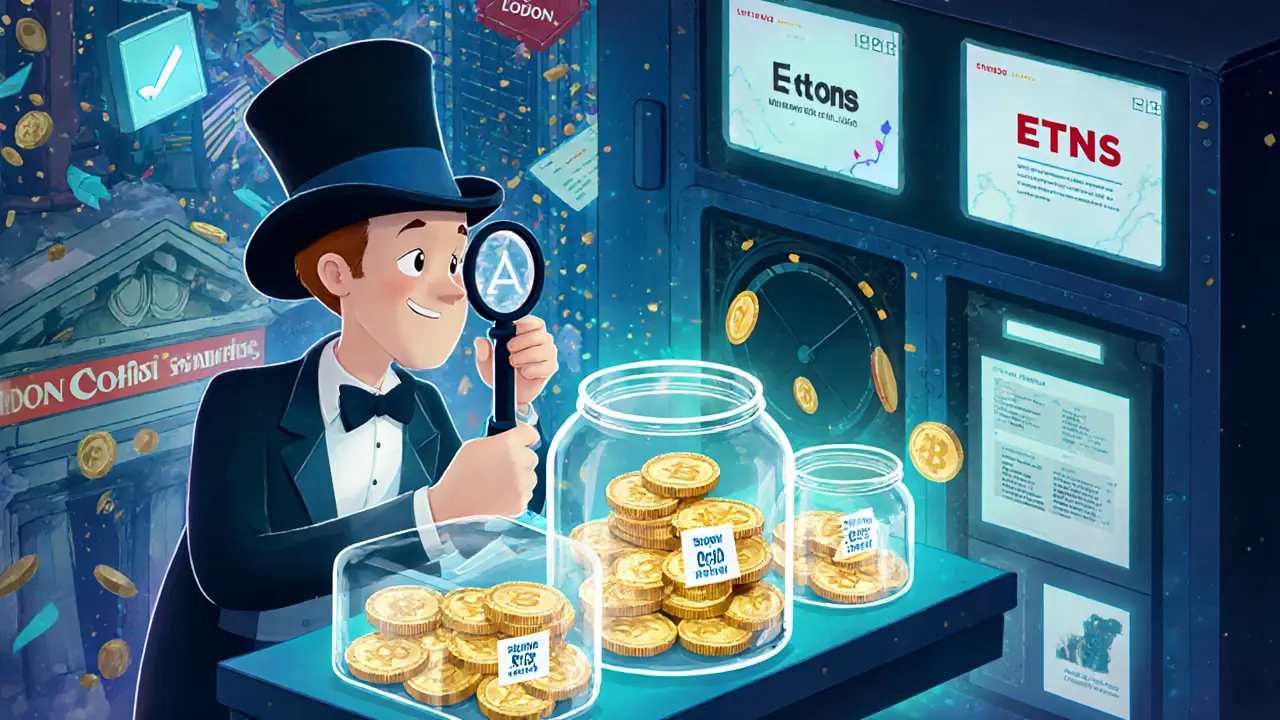 An auditor checks segregated crypto wallets in a glowing vault while staking and ETNs unfold in the background.