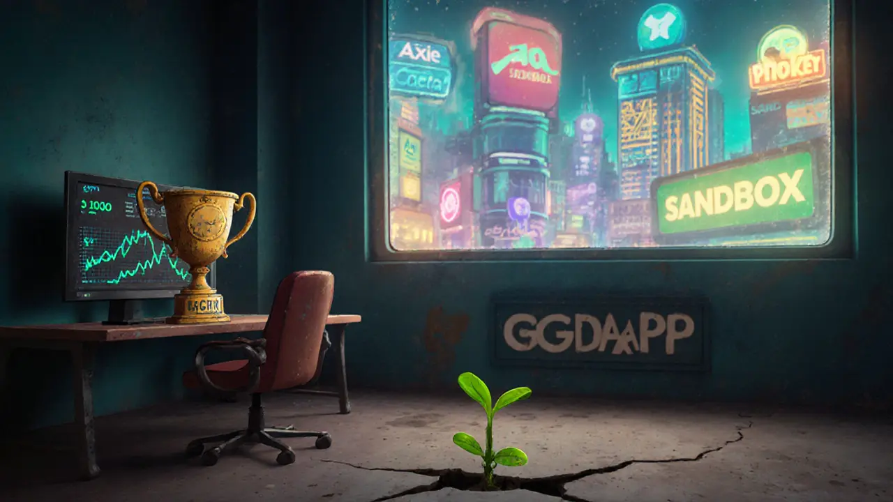 An empty game studio with a lonely trophy and flickering GGTK price chart, while vibrant city lights shine outside.