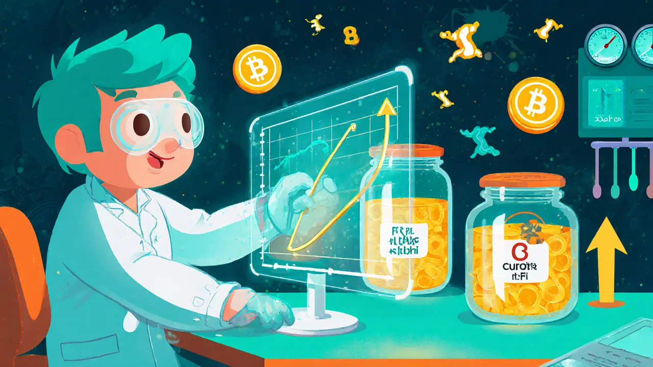 Animated lab with a flat bonding curve, three liquidity jars, and CRV reward tokens.