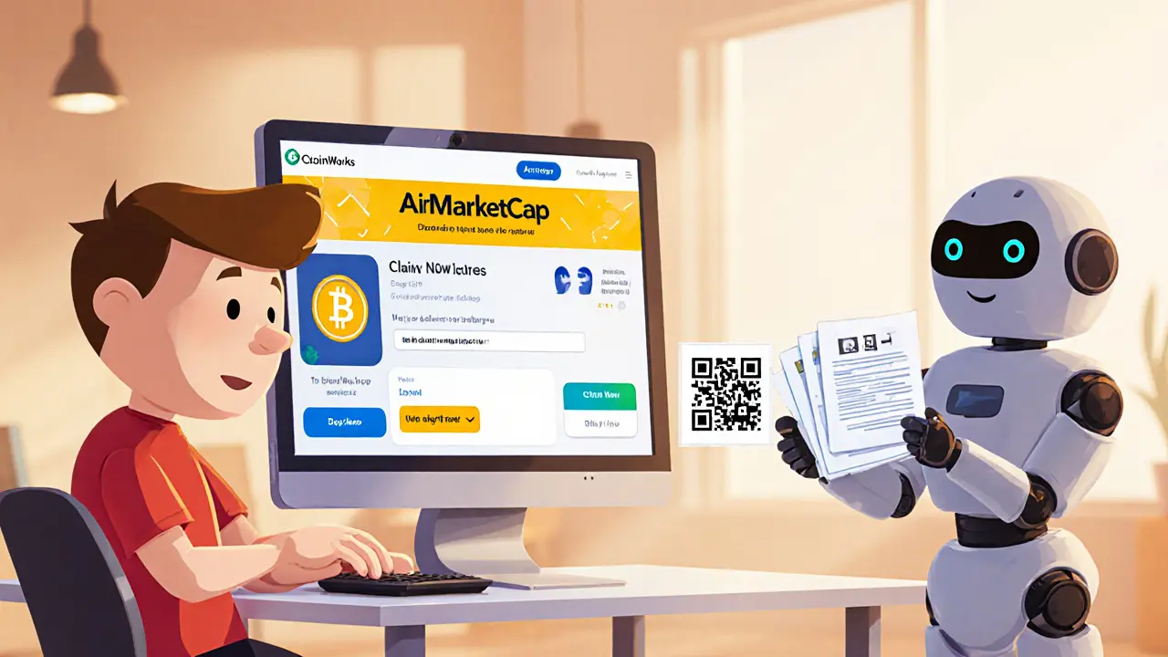 Cartoon person at a desk completing an airdrop claim on a laptop with a wallet QR code.