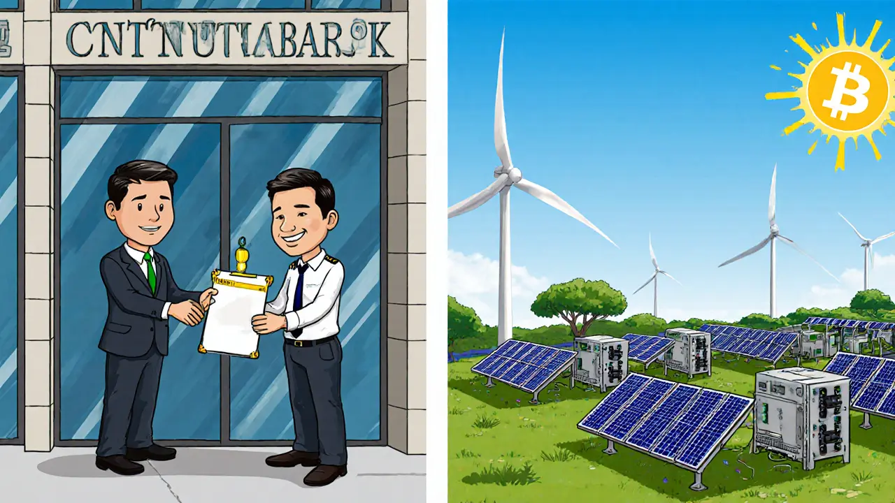 Central bank giving a crypto license beside a solar‑powered mining farm.