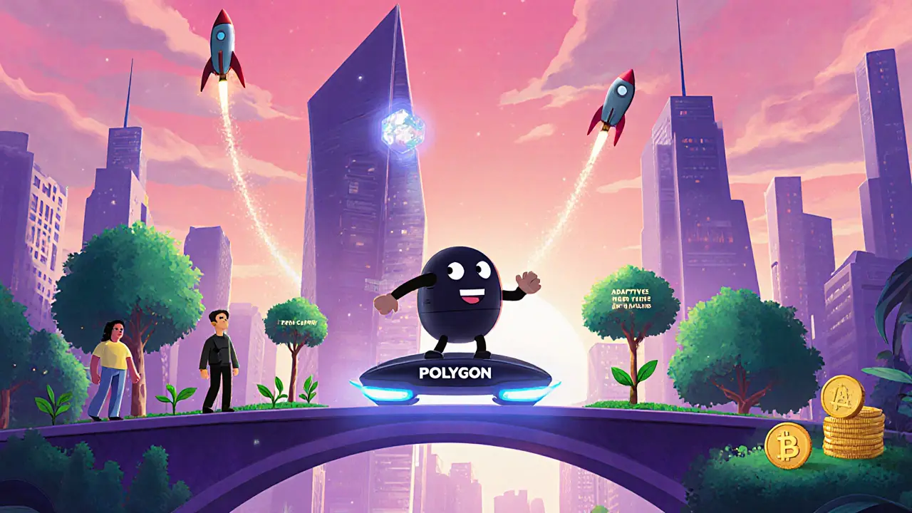 Curve riding a hoverboard toward an Aave tower with yield‑farm trees and rockets.