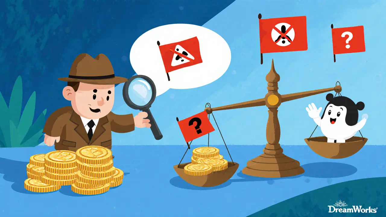 Detective character reviewing red flag symbols and a scale with VOW coins.