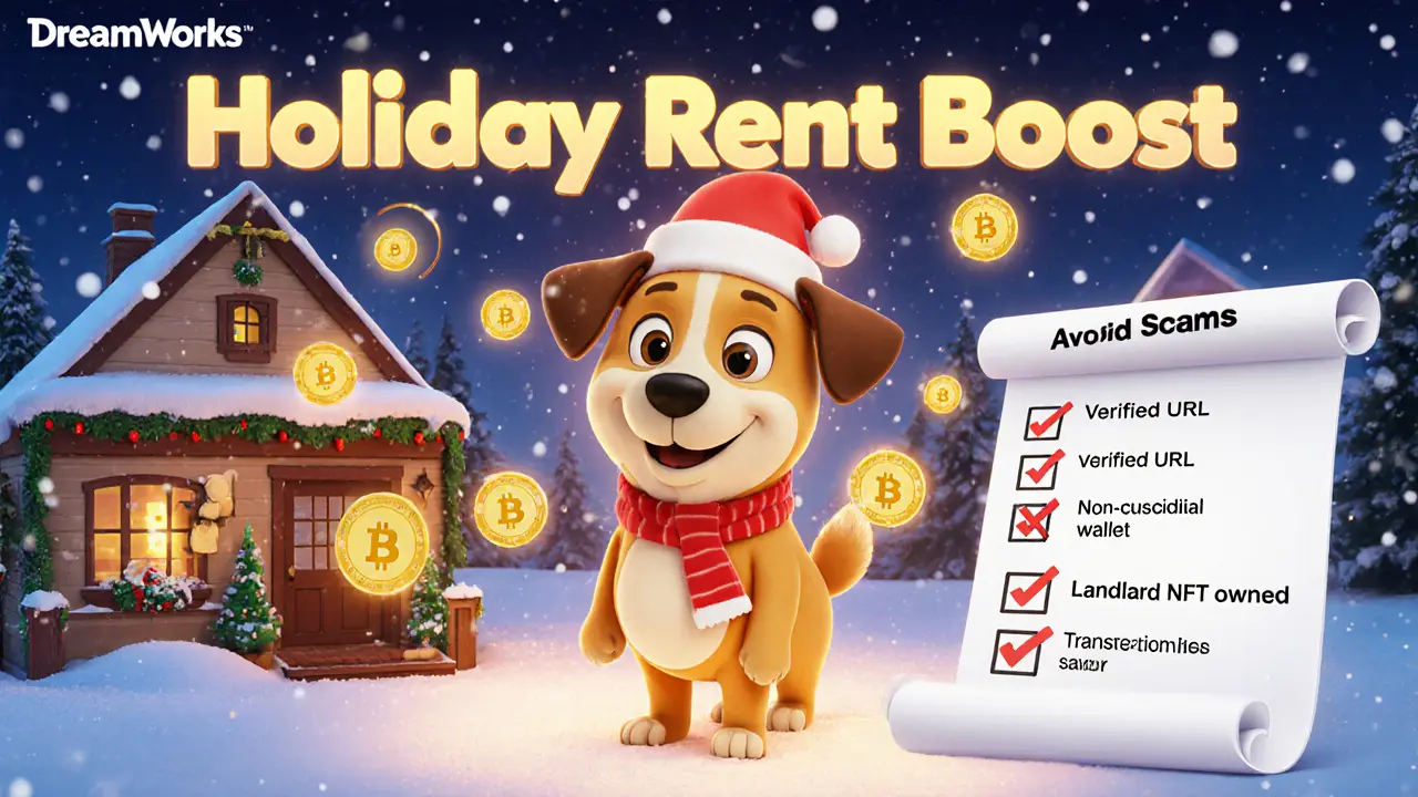 Dog landlord on decorated property receiving token rewards with safety checklist beside him.