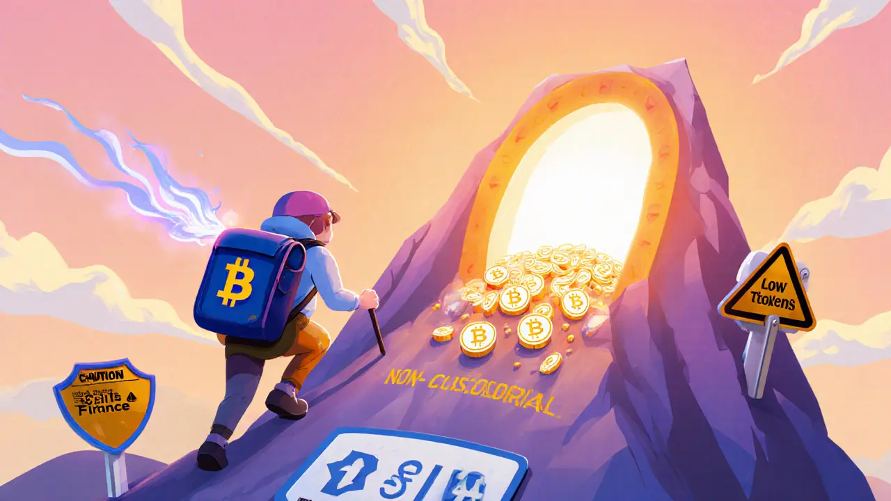 Explorer with magical wallet climbs Bitget mountain, encountering caution signs to claim an airdrop.
