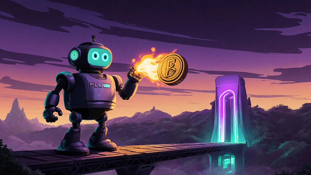 Fluxbot on a bridge between Solana and Ethereum, showing a token burn animation.