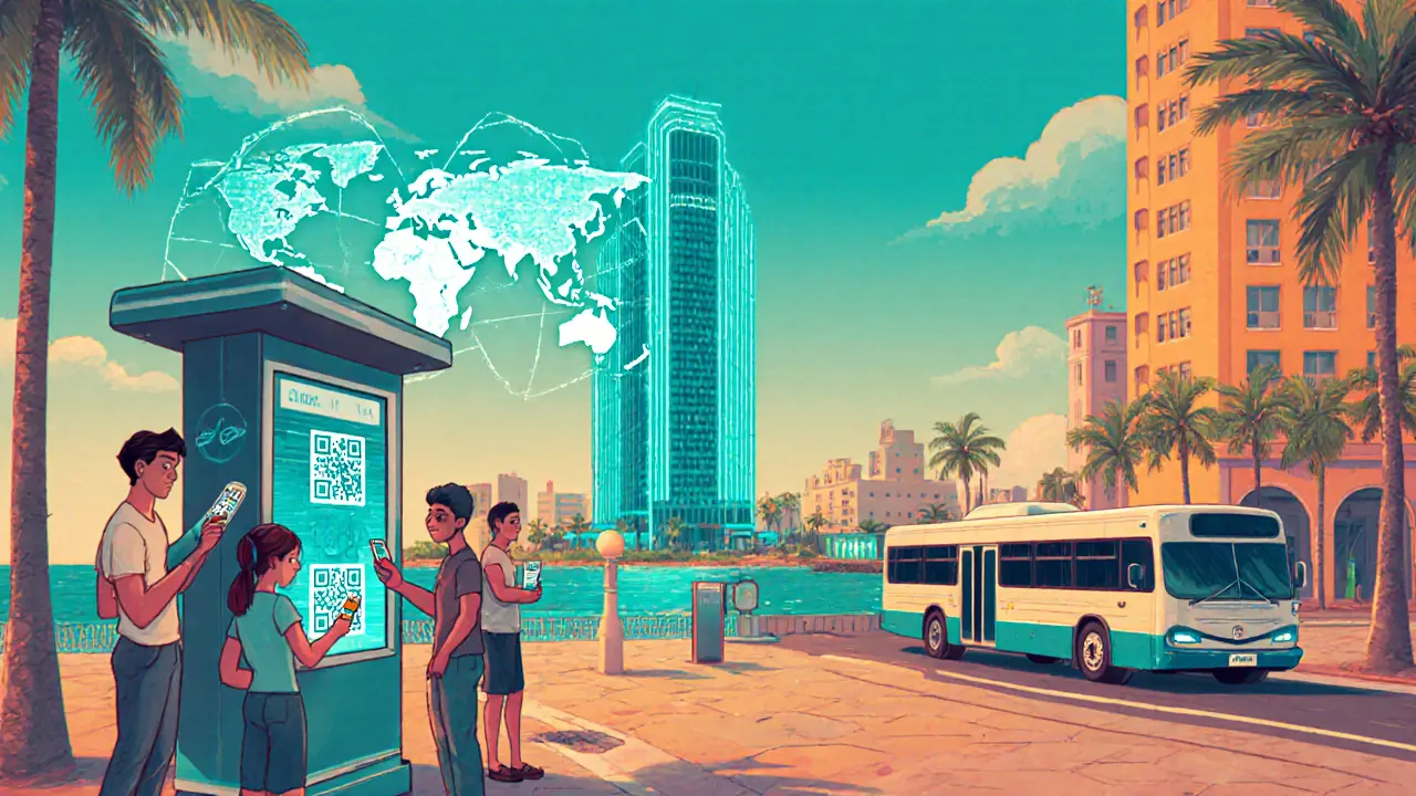 Futuristic Cuban plaza where citizens pay bills with stablecoins.