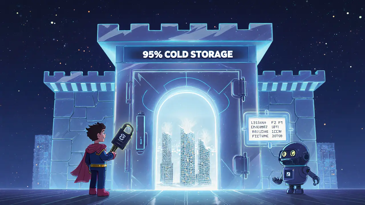 Futuristic vault with cold‑storage coins, hardware key, and 2FA hologram.
