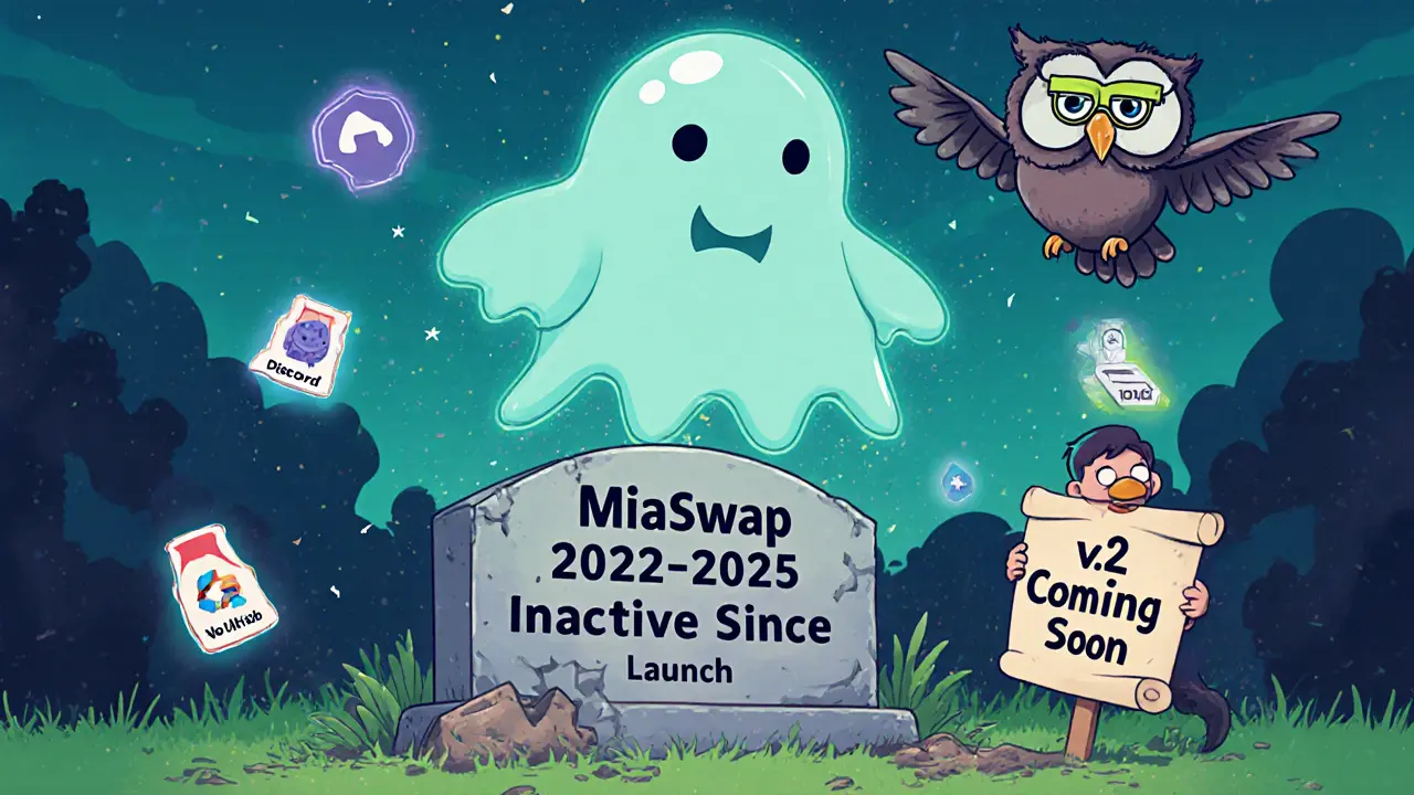 Ghost MIA token above a tombstone for MiaSwap, surrounded by missing features and a crumbling 'v2' sign.