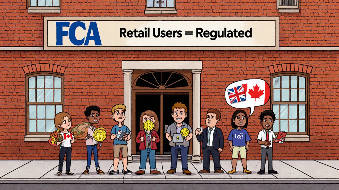 Global crypto entrepreneurs line up outside an FCA office, holding tokens under a &#039;Retail Users = Regulated&#039; sign.
