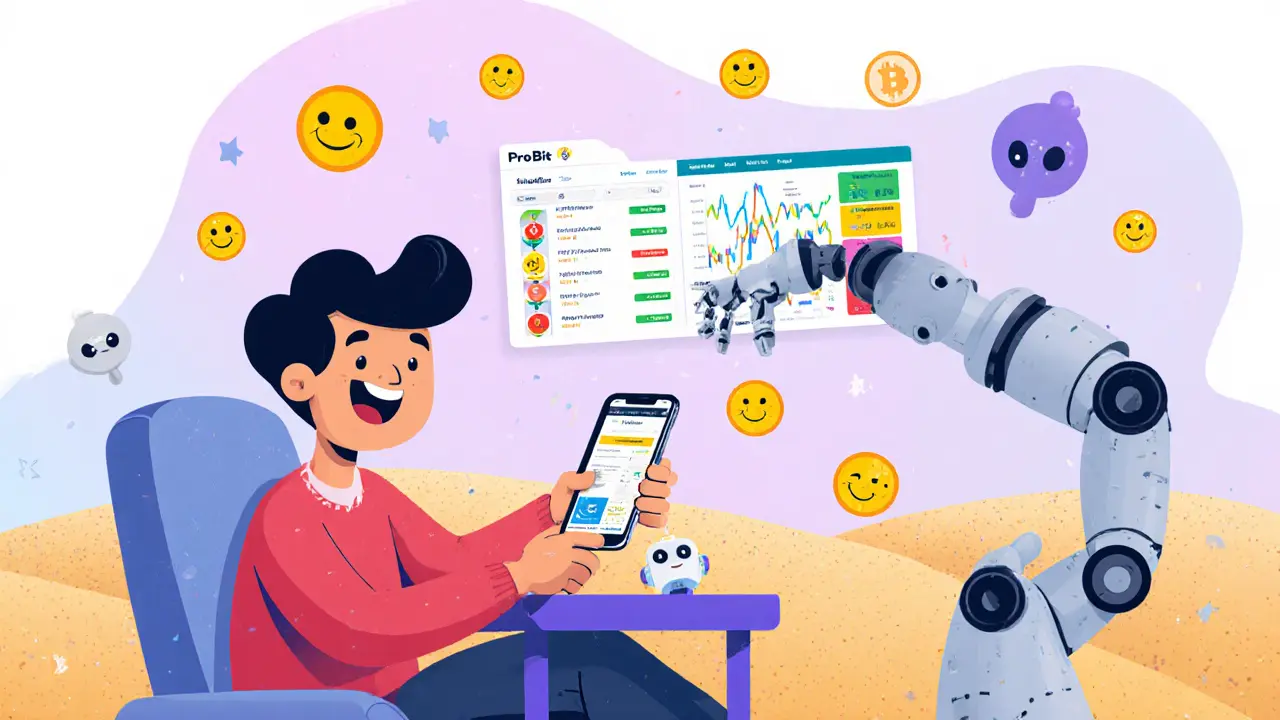 Happy trader using mobile app with copy‑trading leaderboard and bots.