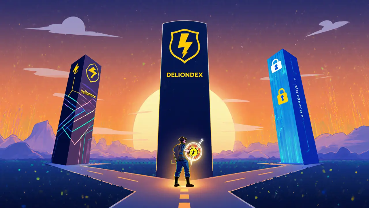 Illustration of a trader weighing Deliondex against other exchanges, highlighting security and speed.