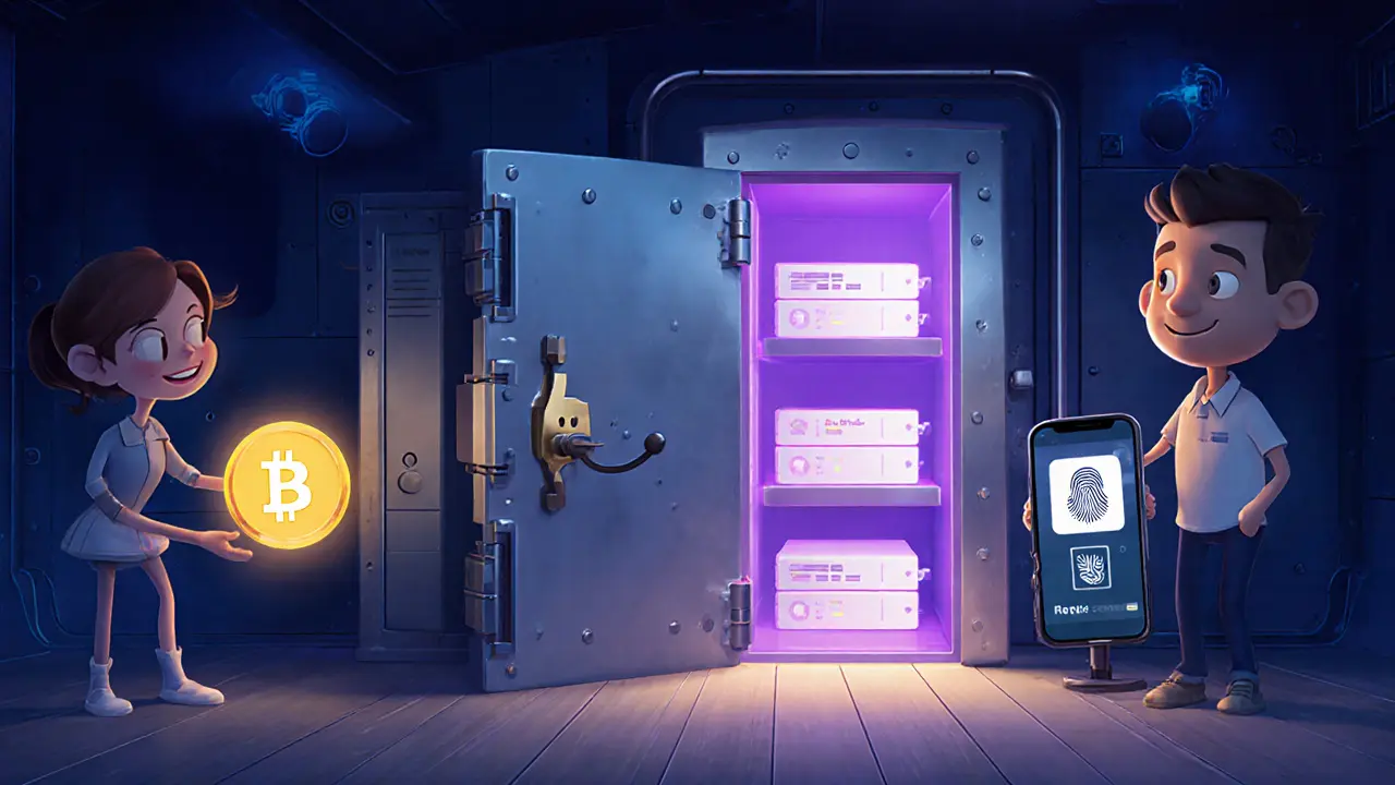 Illustration of multi‑signature hot wallets, cold storage vault, and biometric login on a mobile app.