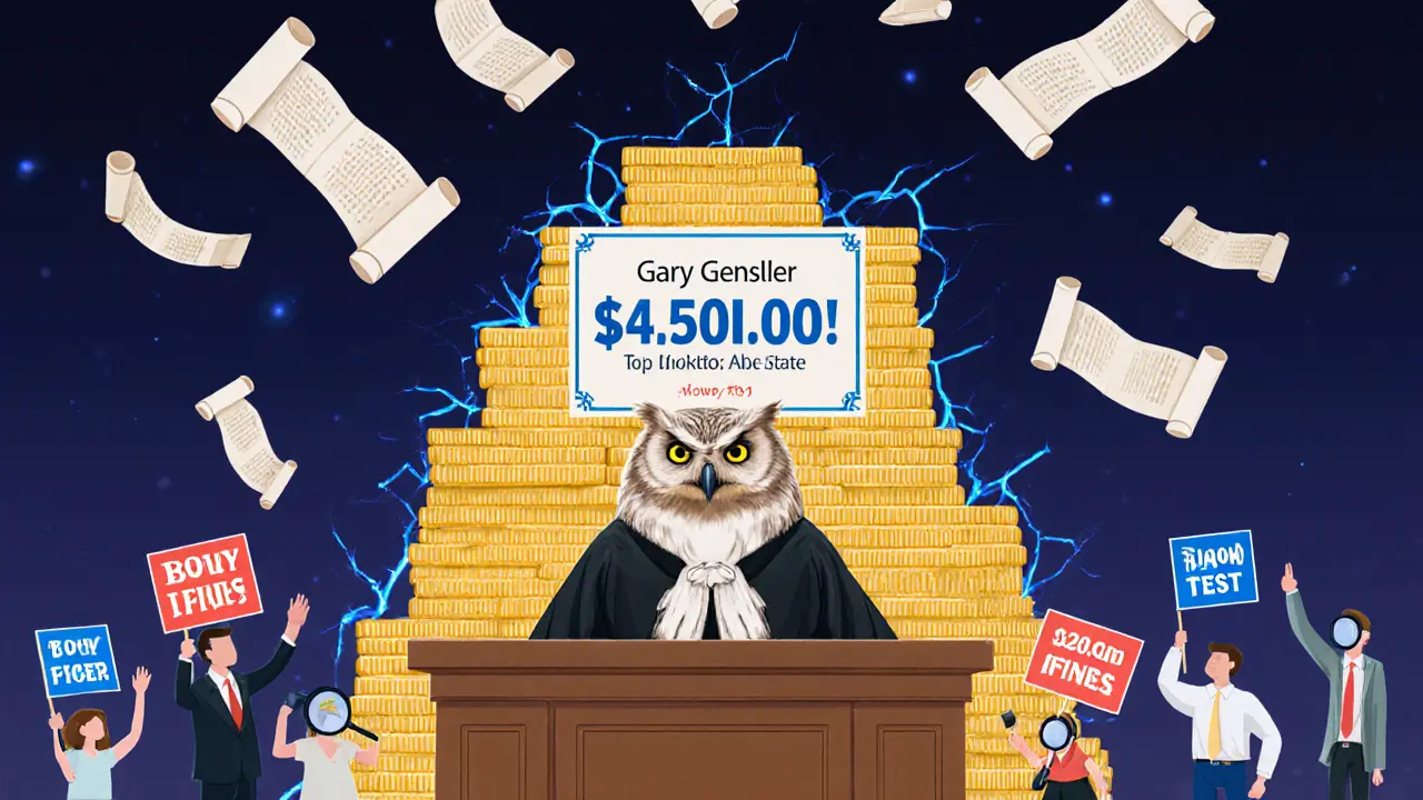Judge owl Gary Gensler presides over a crumbling crypto platform under a .5 billion fine, with analysts tracing blockchain trails.