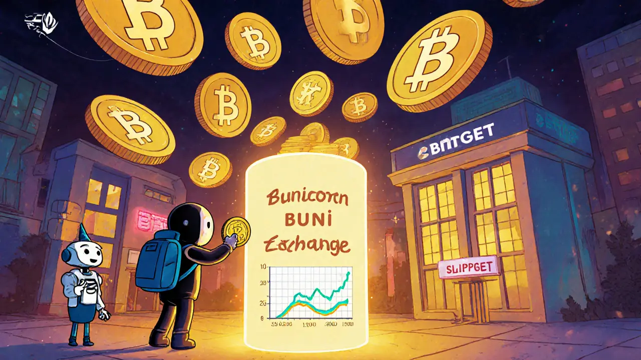 Marketplace scene with floating BUNI tokens, staking pillar, and Bitget exchange building.