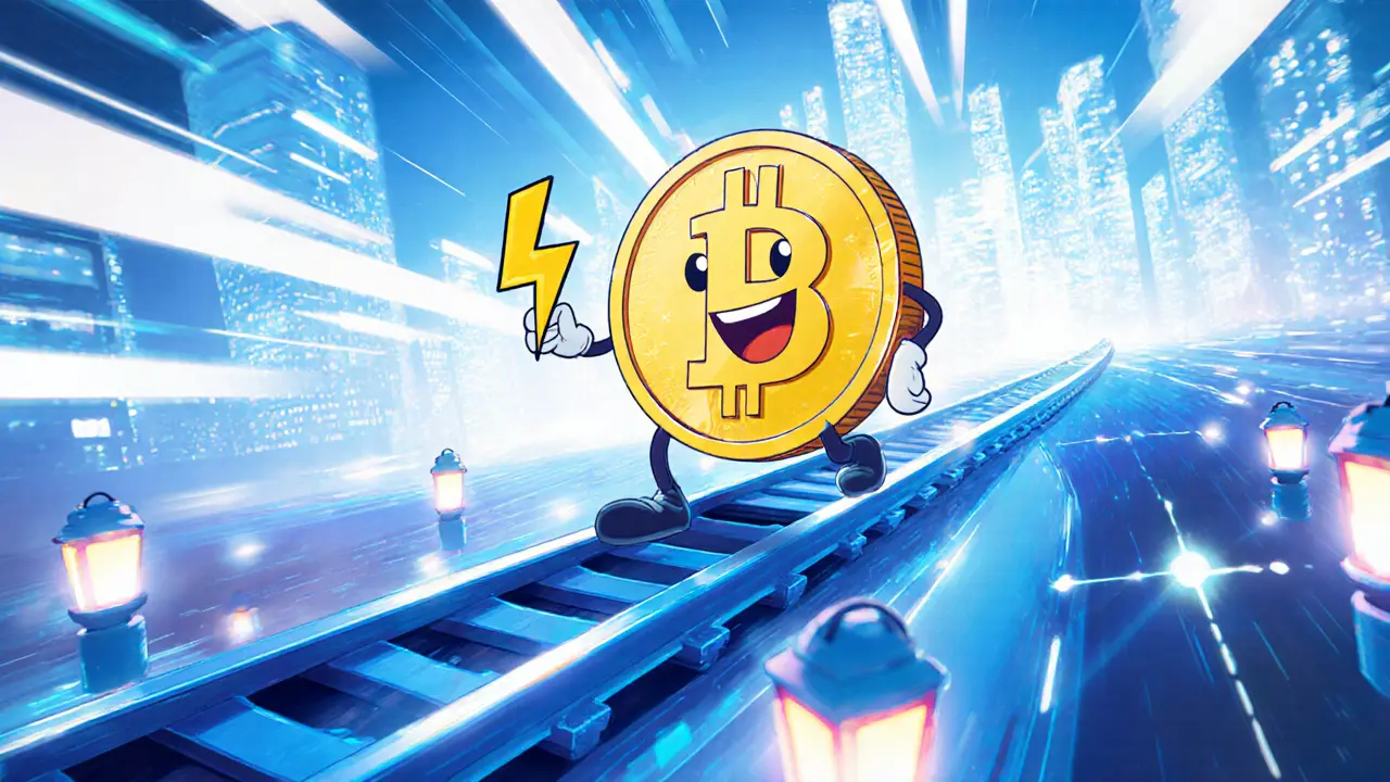 MIA coin racing on a fast blue Solana rail with glowing network nodes.